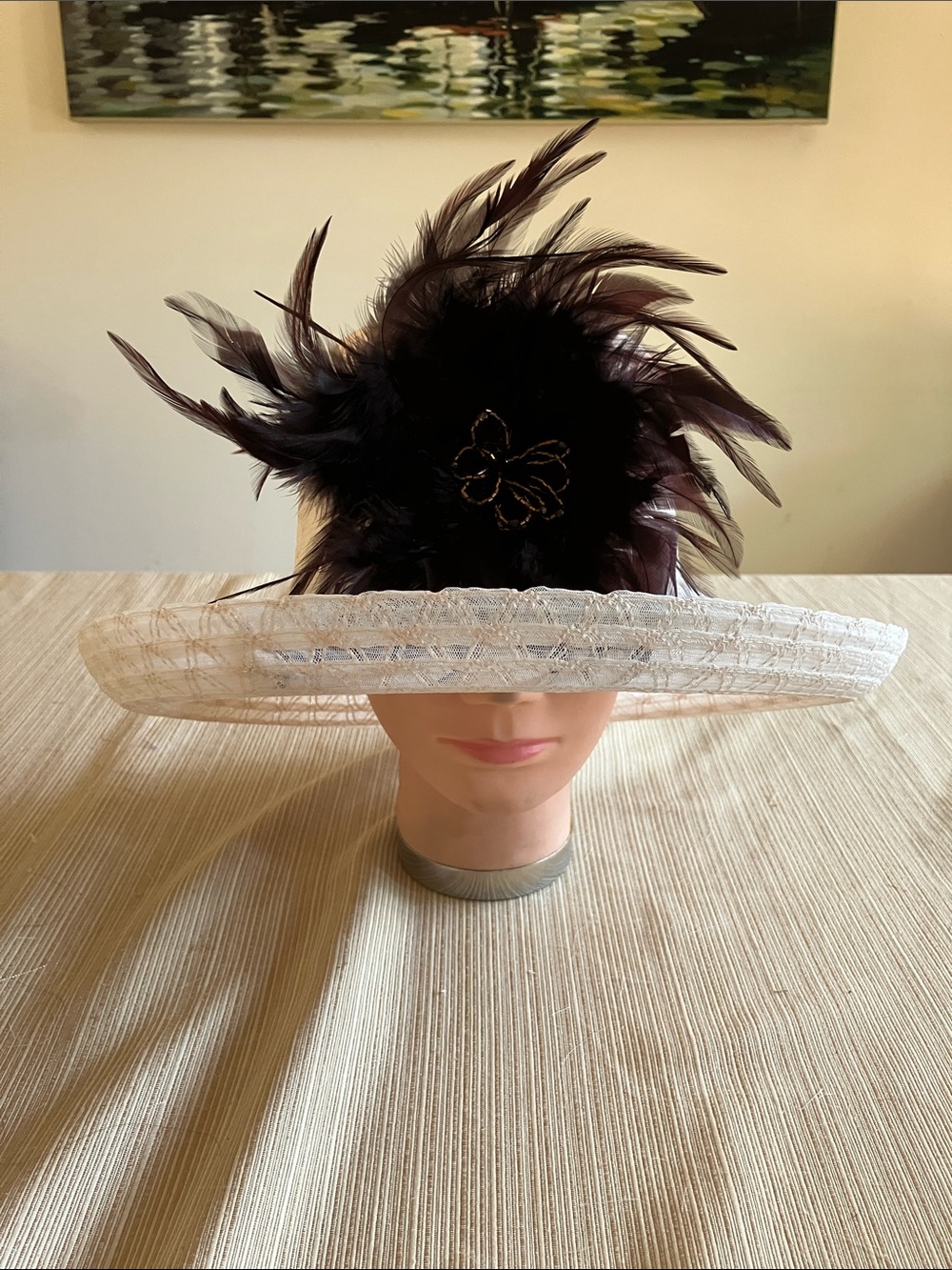Chic Beige Wide-Brim Hat with Brown Feather Beaded Accent